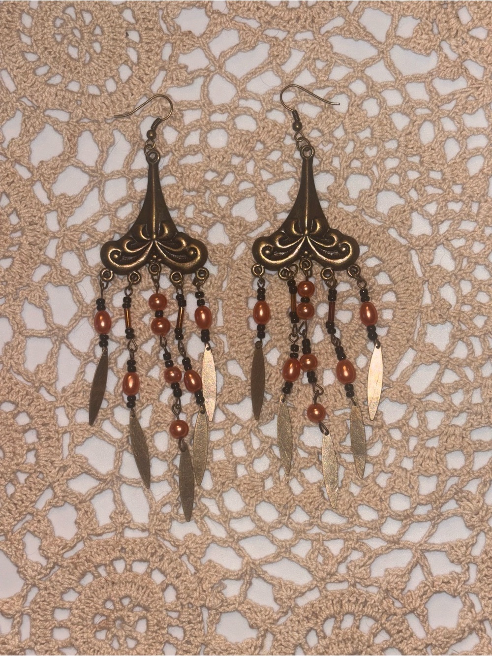 Vintage-Inspired Bronze Orange Bead Chandelier Earrings 5” Perfect for Halloween